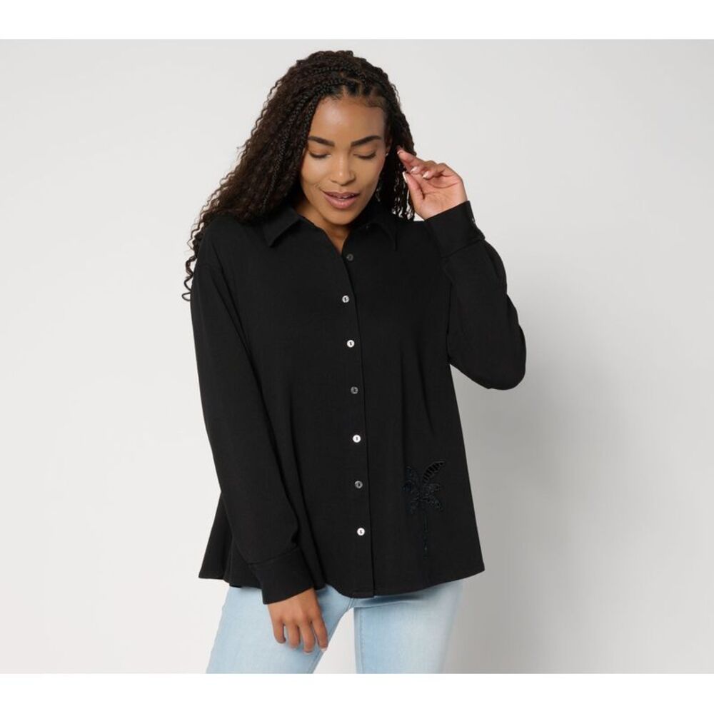 Women Control Women's Top Plus Sz 1X Prime Denim Button Front Shirt Black